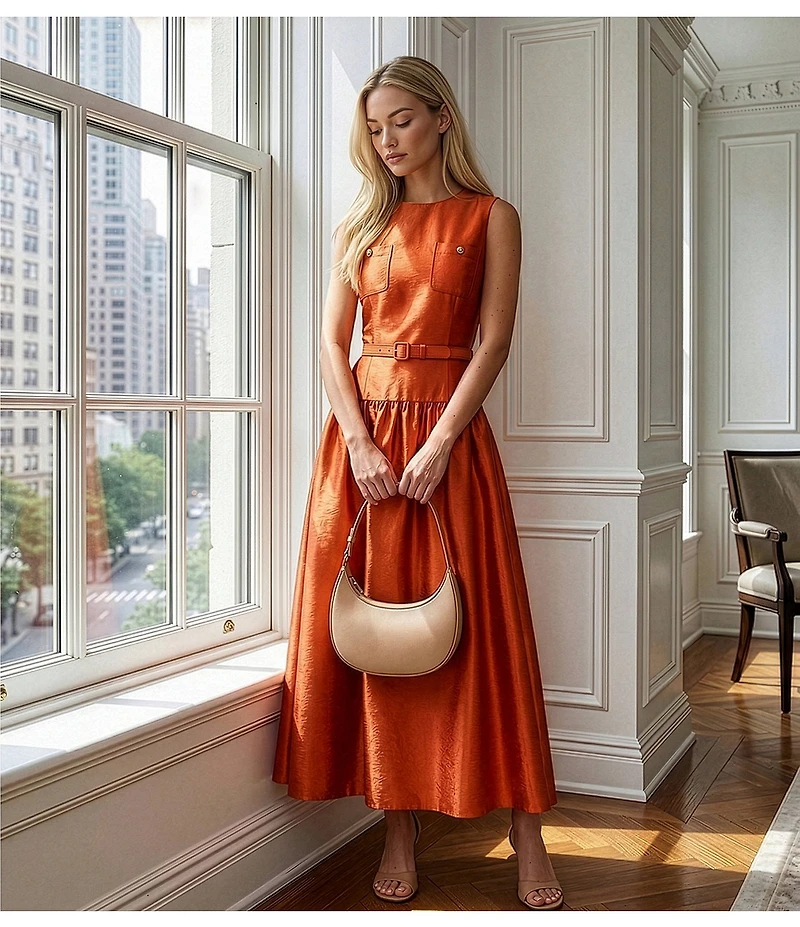 Antonio Melani Presley Dupioni Jewel Neck Strapless Belted Drop Waist A-Line Flounce Maxi Dress
