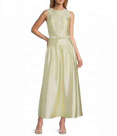 Antonio Melani Presley Dupioni Jewel Neck Strapless Belted Drop Waist A-Line Flounce Maxi Dress