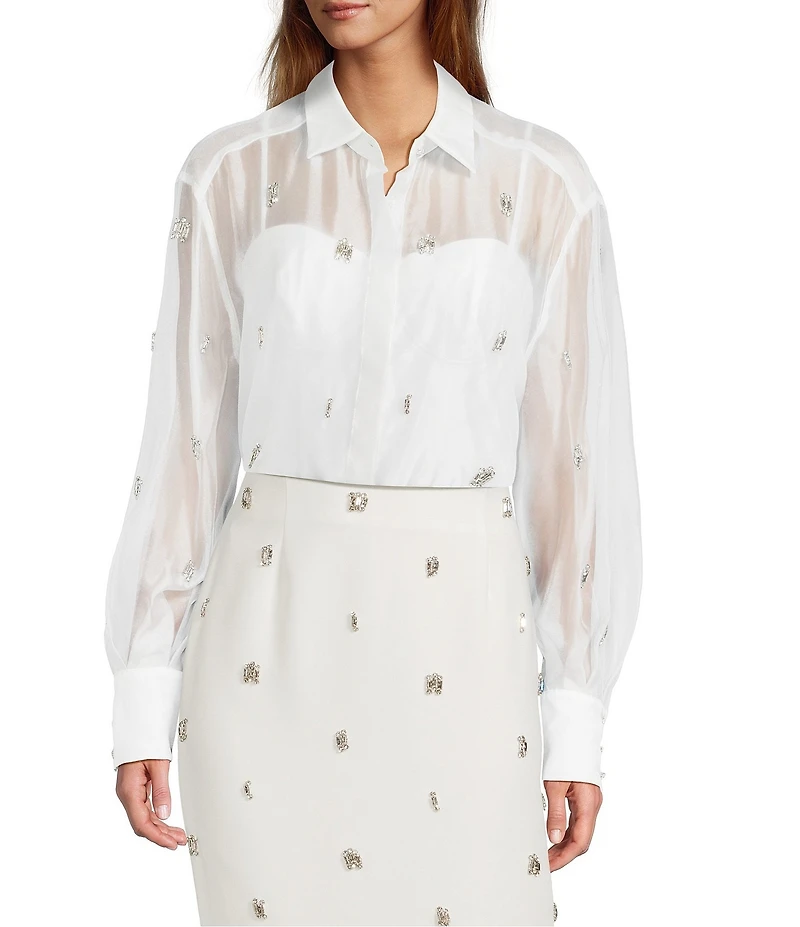 Antonio Melani Priscilla Coordinating Sheer Organza Jewel Embellished Point Collar Long Sleeve Button Front Blouse