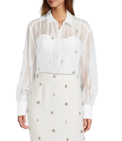 Antonio Melani Priscilla Coordinating Sheer Organza Jewel Embellished Point Collar Long Sleeve Button Front Blouse