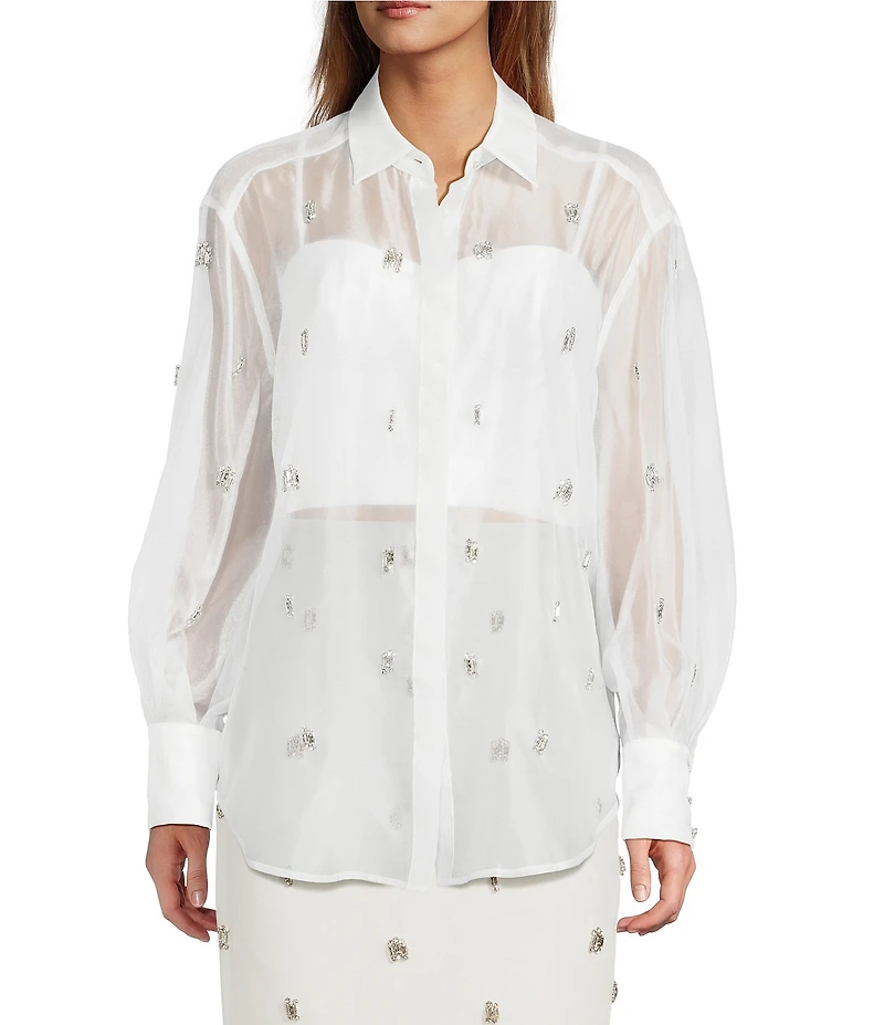 Antonio Melani Priscilla Coordinating Sheer Organza Jewel Embellished Point Collar Long Sleeve Button Front Blouse