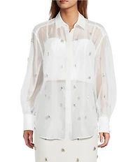Antonio Melani Priscilla Coordinating Sheer Organza Jewel Embellished Point Collar Long Sleeve Button Front Blouse