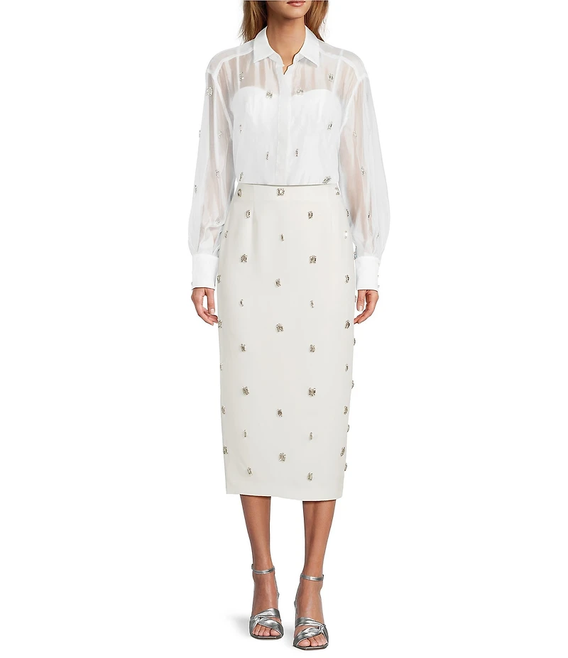 Antonio Melani Priscilla Coordinating Sheer Organza Jewel Embellished Point Collar Long Sleeve Button Front Blouse