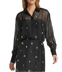 Antonio Melani Priscilla Coordinating Sheer Organza Jewel Embellished Point Collar Long Sleeve Button Front Blouse