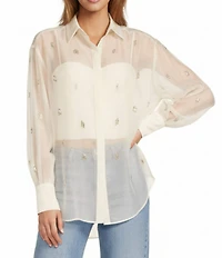 Antonio Melani Priscilla Organza Sheer Jewel Embellished Point Collar Long Sleeve Button Front Blouse
