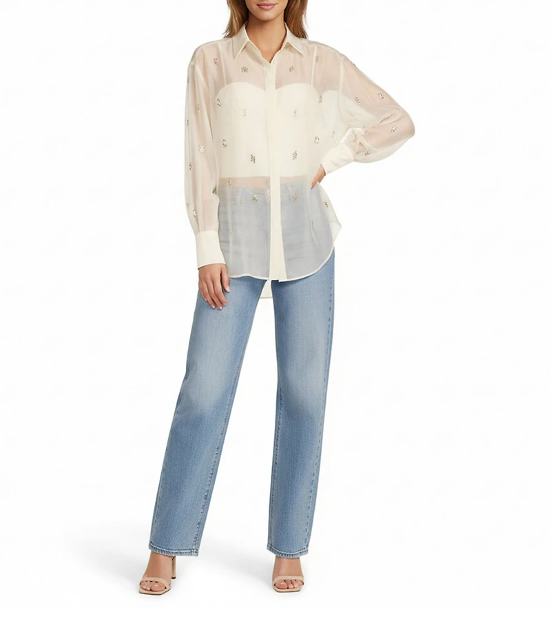 Antonio Melani Priscilla Organza Sheer Jewel Embellished Point Collar Long Sleeve Button Front Blouse