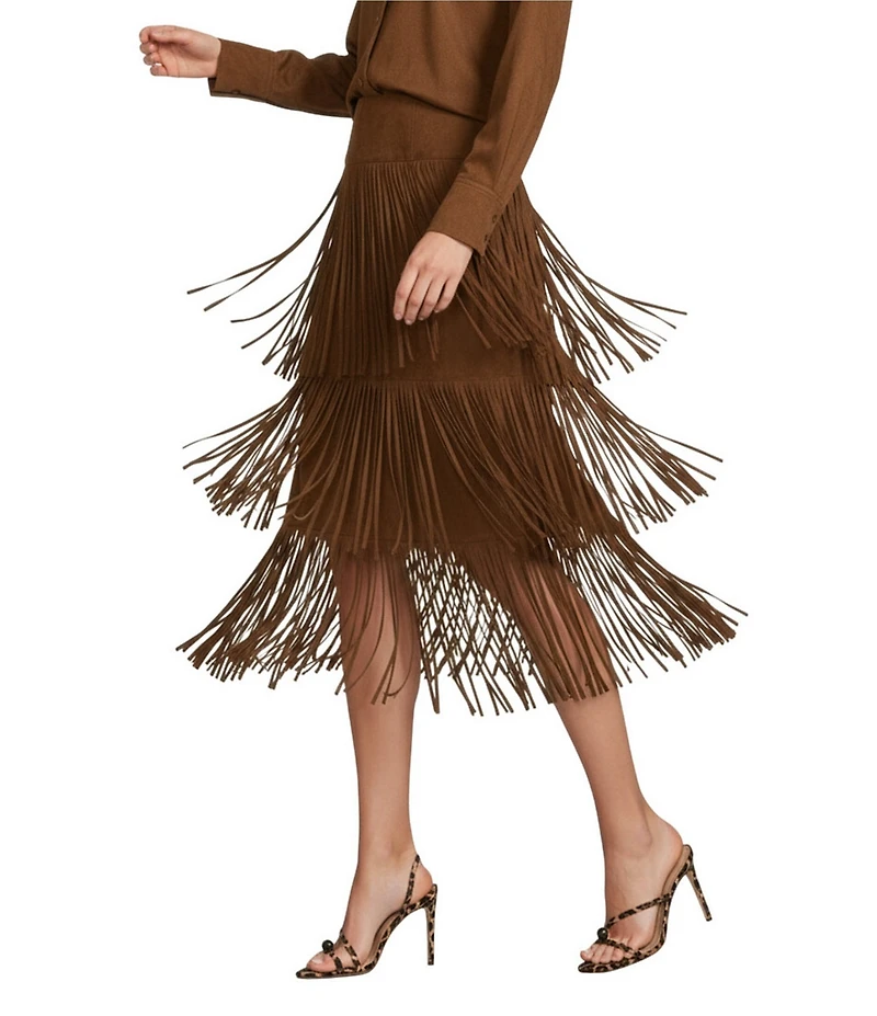 Antonio Melani Rae Coordinating Faux Suede Fringe Midi Pencil Skirt
