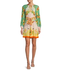 Antonio Melani Raffaella Fruit Printed Satin Tie Neck Long Sleeve Dress