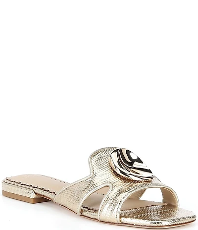 Antonio Melani Ramie Metallic Embossed Leather Ornamented Flat Sandals