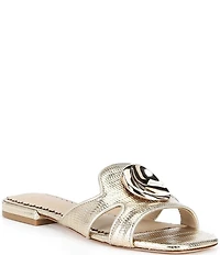 Antonio Melani Ramie Metallic Embossed Leather Ornamented Flat Sandals