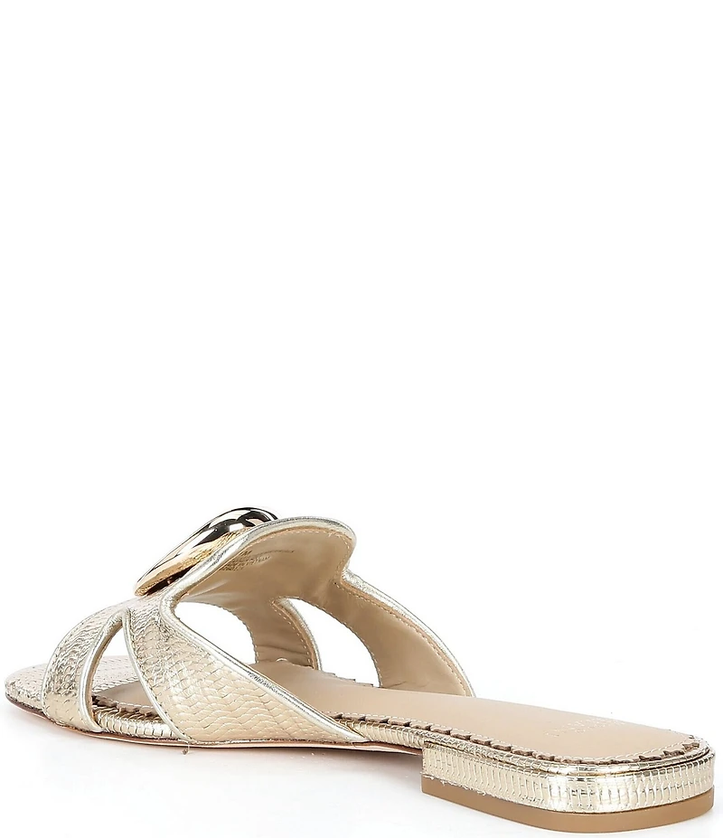 Antonio Melani Ramie Metallic Embossed Leather Ornamented Flat Sandals