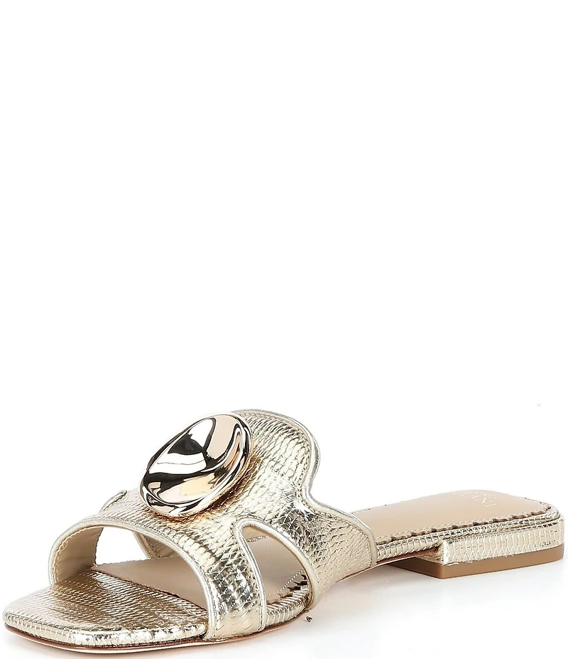 Antonio Melani Ramie Metallic Embossed Leather Ornamented Flat Sandals
