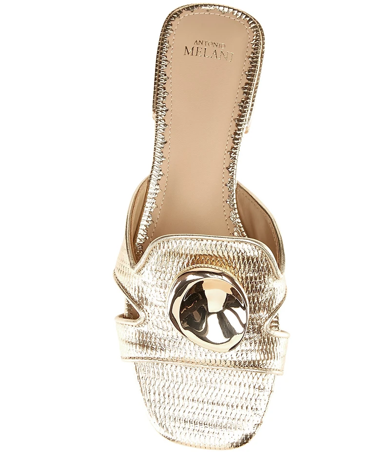 Antonio Melani Ramie Metallic Embossed Leather Ornamented Flat Sandals