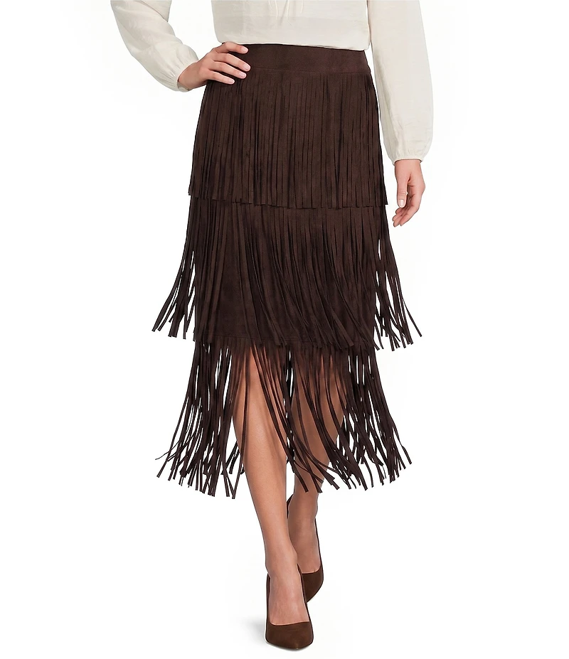 Antonio Melani Raven Faux Suede High Rise Fringe Tiered Midi Skirt