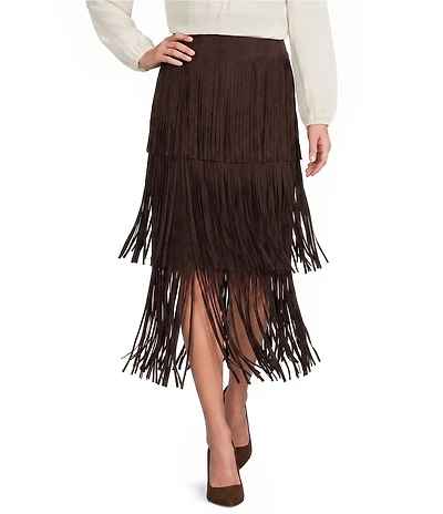 Antonio Melani Raven Faux Suede High Rise Fringe Tiered Midi Skirt