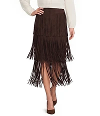 Antonio Melani Raven Faux Suede High Rise Fringe Tiered Midi Skirt