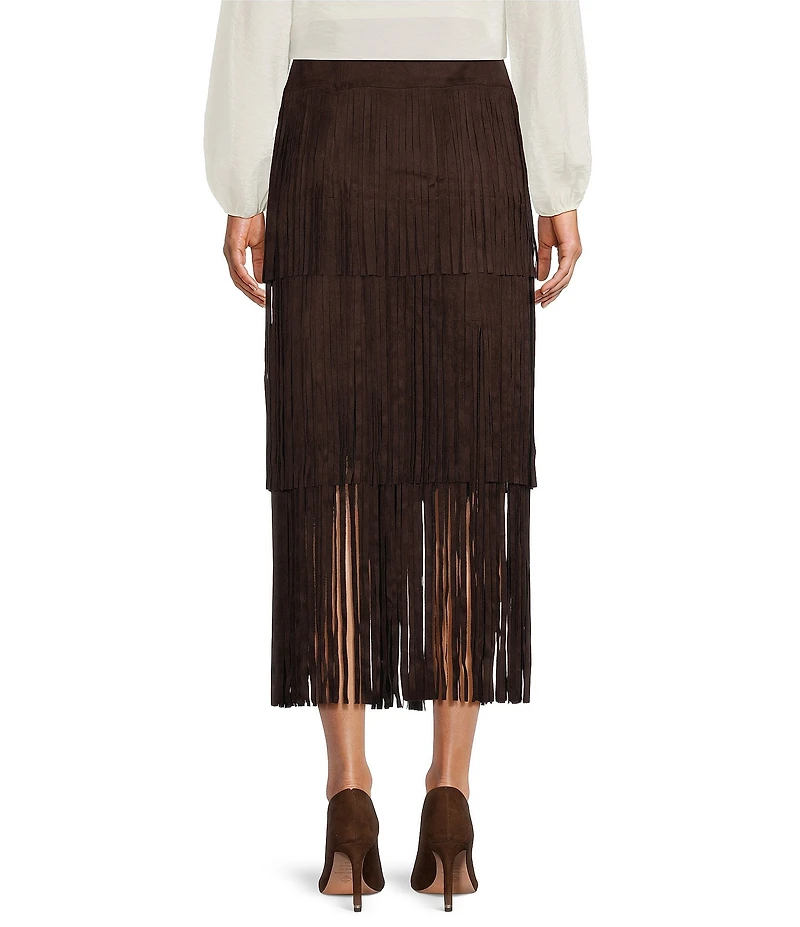 Antonio Melani Raven Faux Suede High Rise Fringe Tiered Midi Skirt