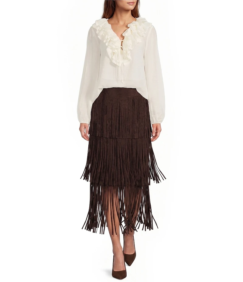 Antonio Melani Raven Faux Suede High Rise Fringe Tiered Midi Skirt