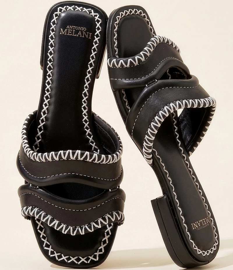 Antonio Melani Renley Leather Cross Stitch Flat Sandals