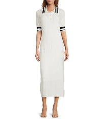 Antonio Melani Ribbed V-Neck Collar Short Sleeve Shift Maxi Dress