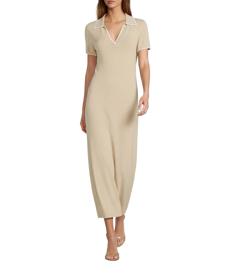 Antonio Melani Ribbed V-Neck Collar Short Sleeve Shift Maxi Dress