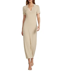 Antonio Melani Ribbed V-Neck Collar Short Sleeve Shift Maxi Dress
