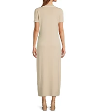 Antonio Melani Ribbed V-Neck Collar Short Sleeve Shift Maxi Dress