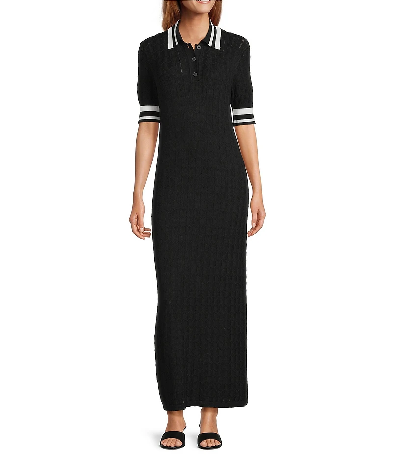 Antonio Melani Ribbed V-Neck Collar Short Sleeve Shift Maxi Dress