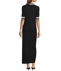 Antonio Melani Ribbed V-Neck Collar Short Sleeve Shift Maxi Dress