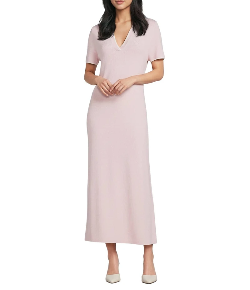 Antonio Melani Ribbed V-Neck Collar Short Sleeve Shift Maxi Dress