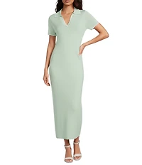 Antonio Melani Ribbed V-Neck Collar Short Sleeve Shift Maxi Dress