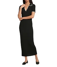 Antonio Melani Ribbed V-Neck Collar Short Sleeve Shift Maxi Dress