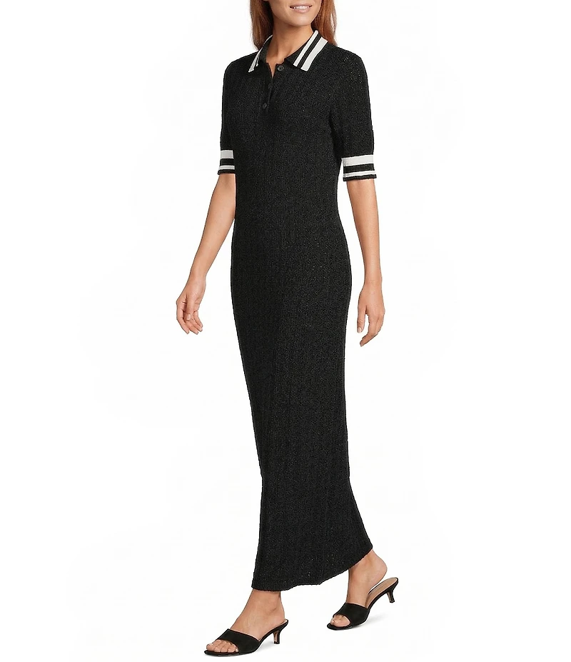 Antonio Melani Ribbed V-Neck Collar Short Sleeve Shift Midi Dress