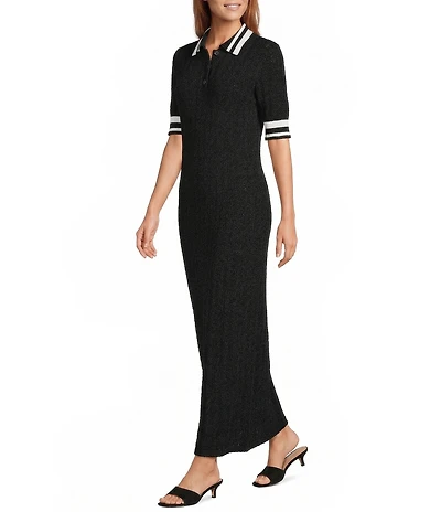 Antonio Melani Ribbed V-Neck Collar Short Sleeve Shift Midi Dress