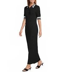 Antonio Melani Ribbed V-Neck Collar Short Sleeve Shift Midi Dress