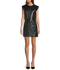 Antonio Melani Rihanna Genuine Leather Patch Pocket Mini A-Line Skirt