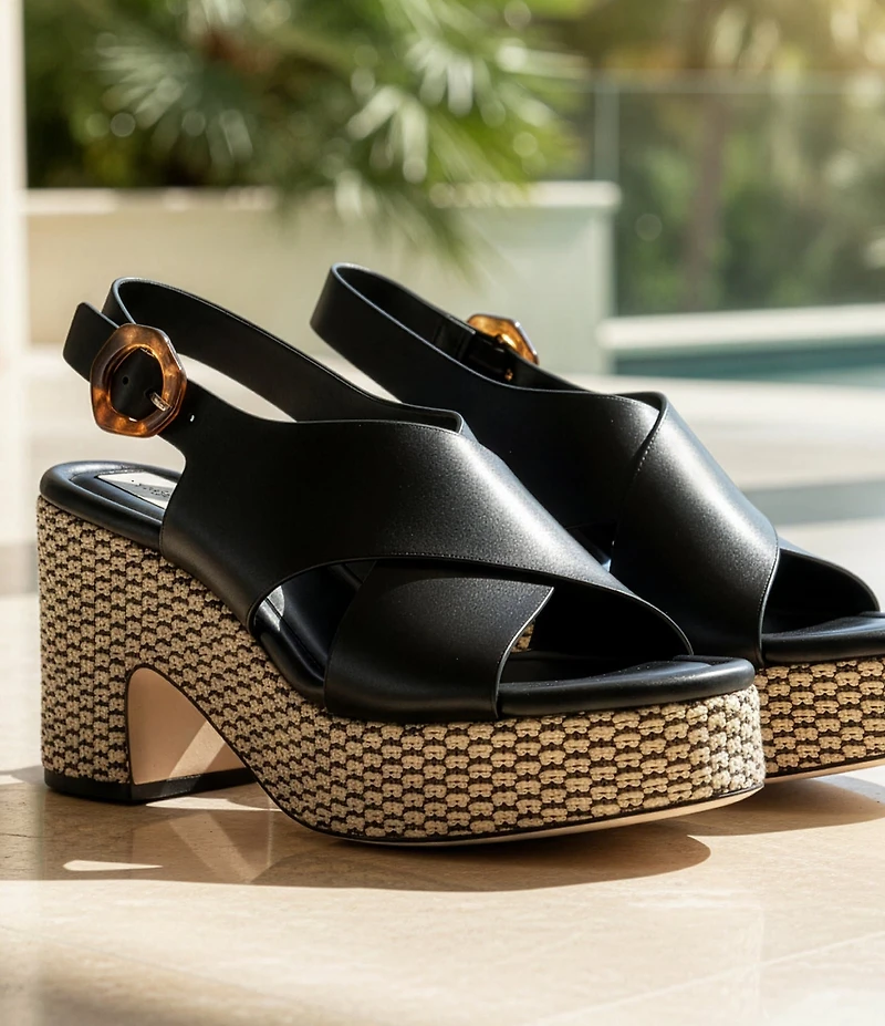 Antonio Melani Riley Leather X Band Raffia Platform Sandals