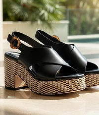 Antonio Melani Riley Leather X Band Raffia Platform Sandals