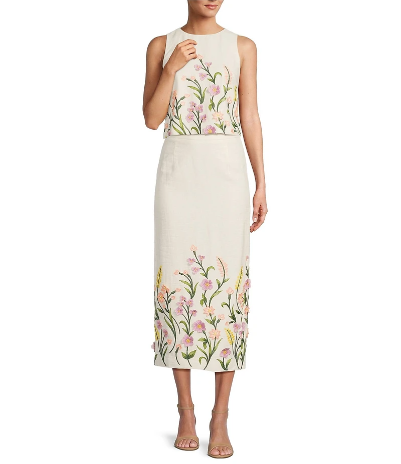 Antonio Melani Riviera Floral Embroidered Linen Sheath Skirt