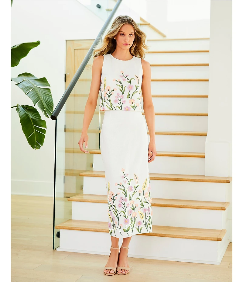 Antonio Melani Riviera Floral Embroidered Linen Sheath Skirt