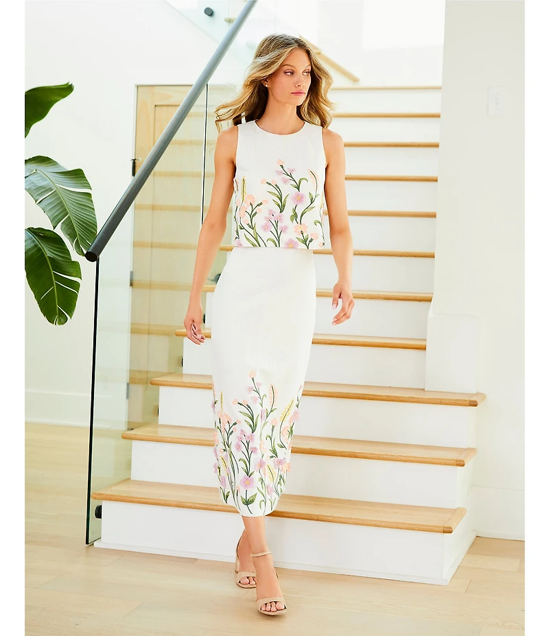 Antonio Melani Riviera Floral Embroidered Linen Sheath Skirt