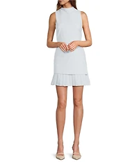 Antonio Melani Rowan Textured Linend Blend Woven Chiffon Pleated Mock Neckline Sleeveless Sheath Mini Dress