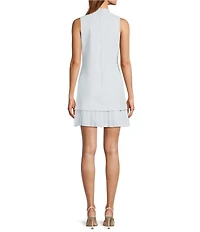 Antonio Melani Rowan Textured Linend Blend Woven Chiffon Pleated Mock Neckline Sleeveless Sheath Mini Dress