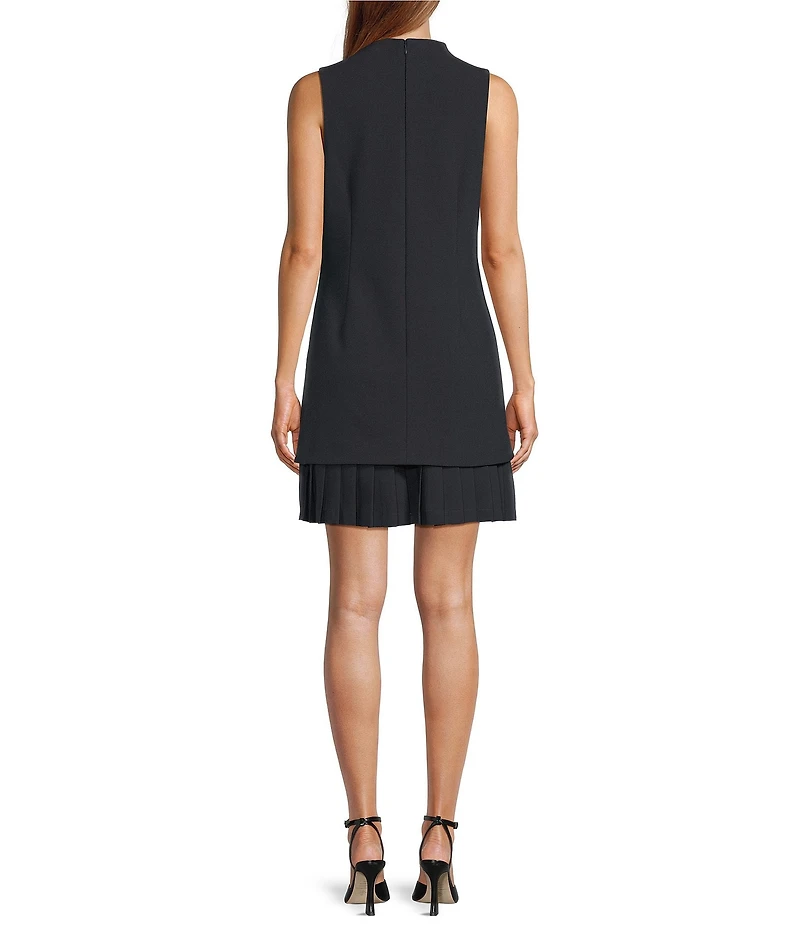 Antonio Melani Rowan Textured Linen Blend Woven Chiffon Pleated Mock Neckline Sleeveless Sheath Mini Dress