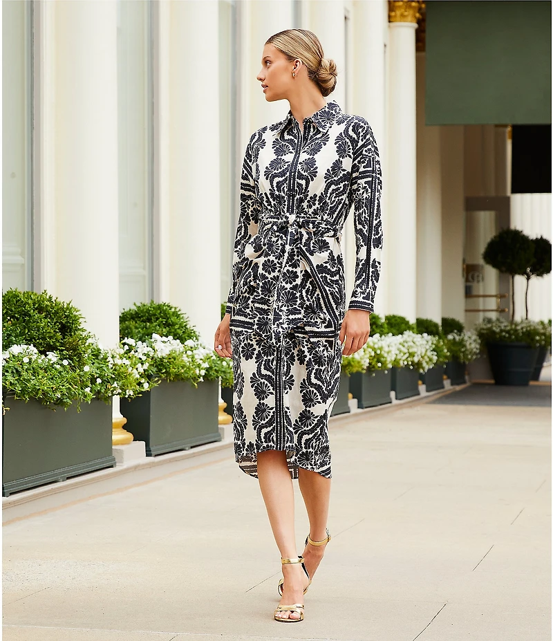 Antonio Melani Roxanne Printed Tie Waist Collar Neckline Long Sleeve Midi Dress