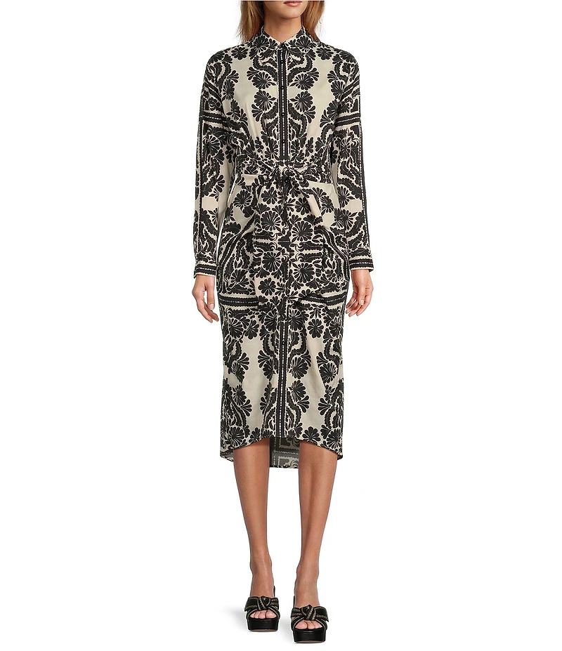 Antonio Melani Roxanne Printed Tie Waist Collar Neckline Long Sleeve Midi Dress