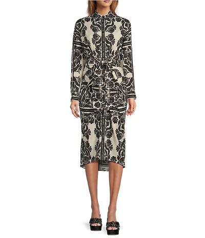 Antonio Melani Roxanne Printed Tie Waist Collar Neckline Long Sleeve Midi Dress