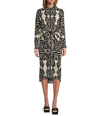 Antonio Melani Roxanne Printed Tie Waist Collar Neckline Long Sleeve Midi Dress
