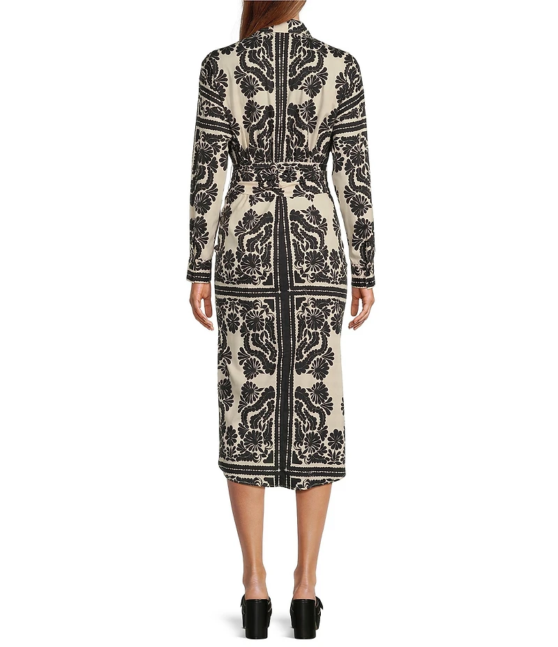Antonio Melani Roxanne Printed Tie Waist Collar Neckline Long Sleeve Midi Dress
