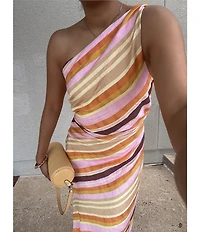 Antonio Melani Salma Voile Angled Stripe Asymmetrical One-Shoulder A-Line Flounce Midi Dress